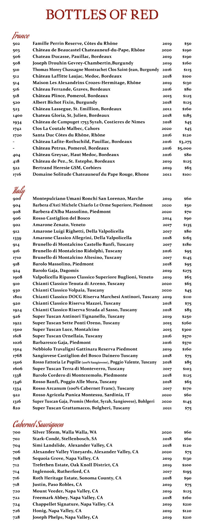 Tonys of Indianapolis Wine List