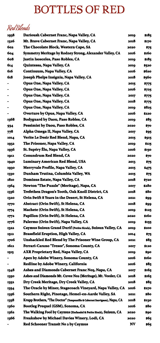 Tonys of Indianapolis Wine List