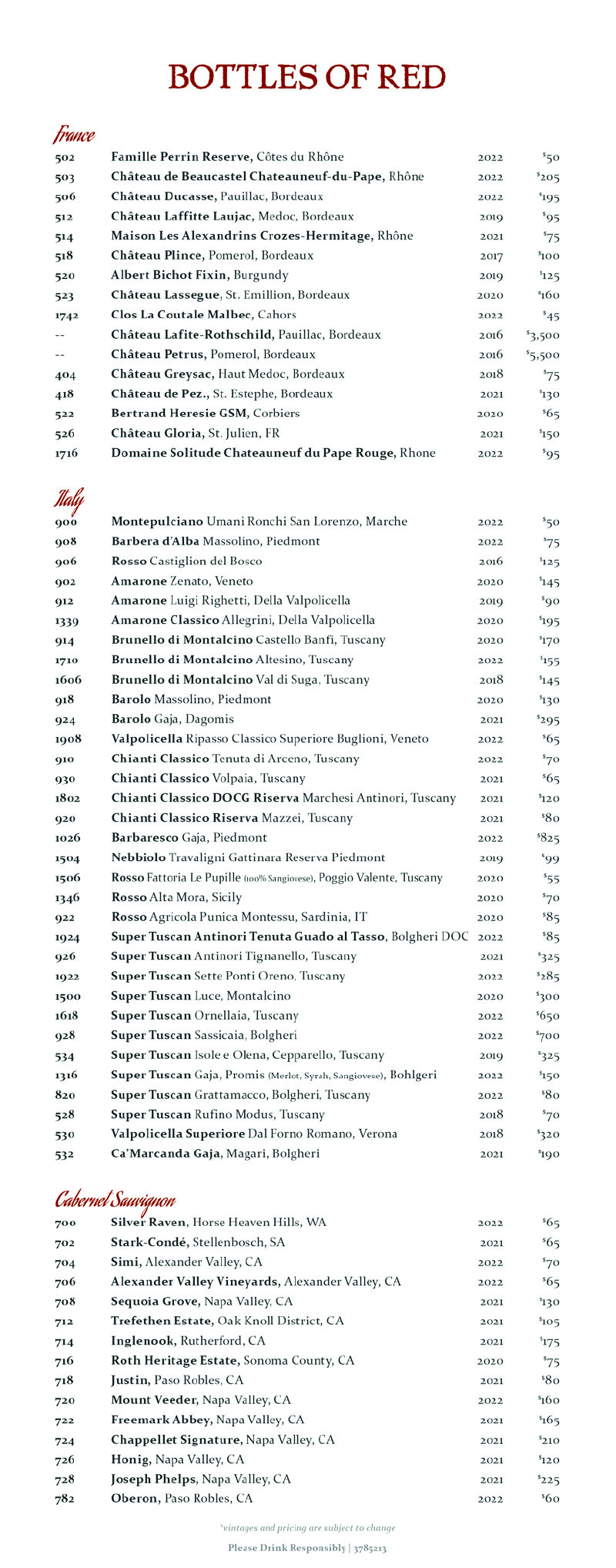 Wine list bottles of red. Full wine list PDF download at the link below