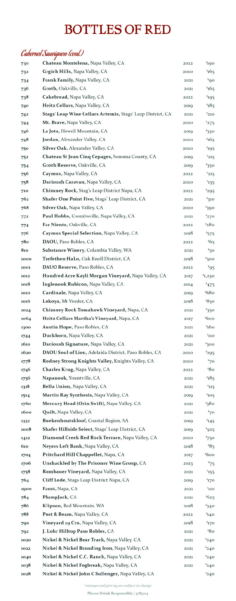 Wine list bottles of red. Full wine list PDF download at the link below