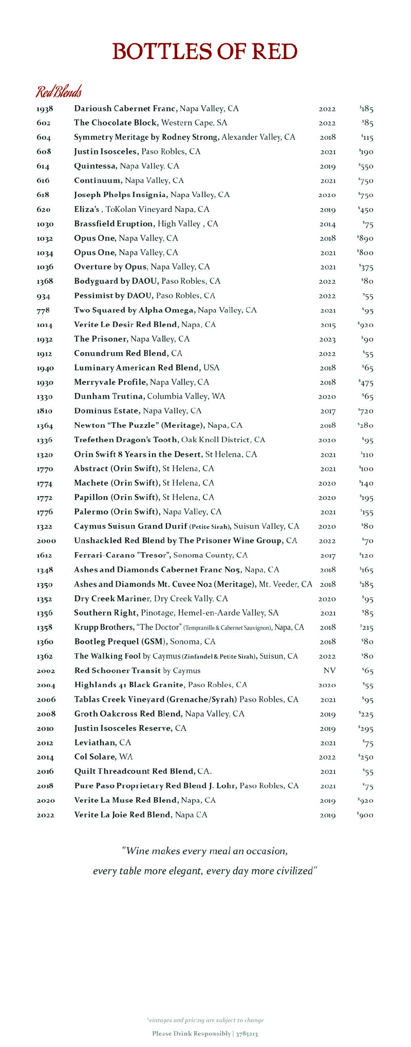 Wine list bottles of red. Full wine list PDF download at the link below